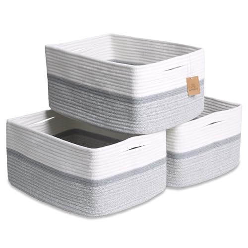 NaturalCozy Storage Baskets 16.8”x13”x7.6” Cotton Rope Woven Baskets for Organizing 3-Pack | Toy Storage Bins | Basket for Shelves, Laundry, Blanket, Clothes, Closet, Kitchen, Bathroom, Gifts - color: Off White & Gray & Mixed Gray