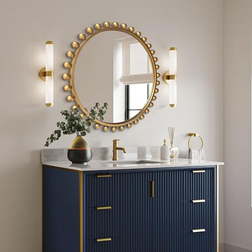 30 inch Gold Round Mirror, Antique Decorative Wall Mirror with Ornate Beaded Frame, Large Circle Vanity Mirror for Bathroom, Living Room, Bedroom, and Entryway