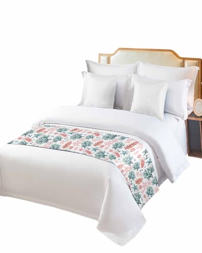 DecorLovee Turquoise Red Coastal Bed Runner for Twin Size, Beach Nautical Throw for Foot of Bed, Ocean Coral Starfish Sofa Throw Bedding Scarf Protector Slipcover for Bedroom - color: Turquoise Red Coastal, size: 71"x20" for Twin Bed