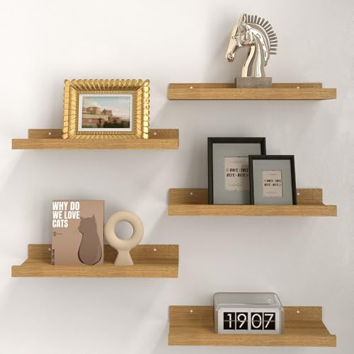 RICHER HOUSE 5-Set Floating Shelves with Lip, Oak Wall Mounted Wood Shelf - color: Oak, size: 16in