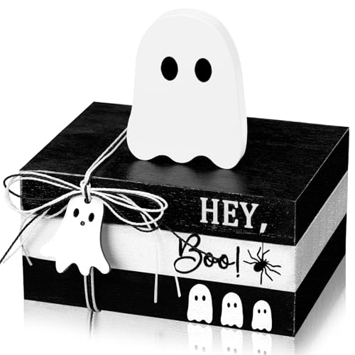 GlikCeil 4 Pcs Halloween Ghost Table Decorations Spooky Wooden Signs,White - color: Black and White