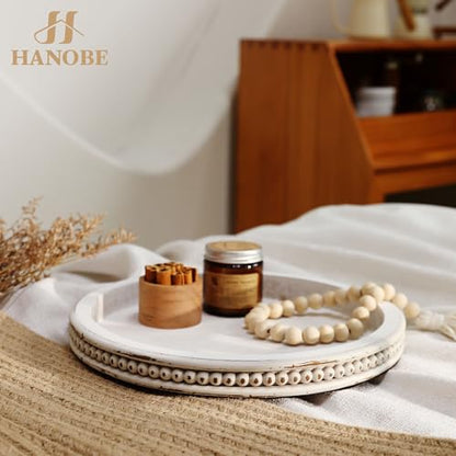 Hanobe Round White Candle Tray Holder for Coffee Table, Beaded Edge