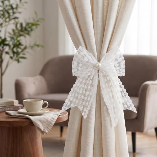 White Lace Bow Curtain Tiebacks 6-Pack, Vine Floral Curtain Holdbacks - color: White Star Flower