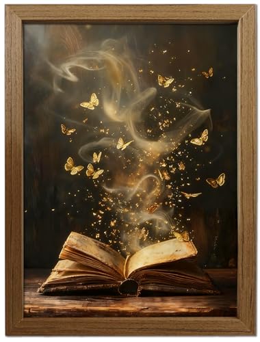 Framed Vintage Dark Academia Bookish Wall Art Canvas Print, Moody Victorian Library Reading Nook Painting with Butterflies, Book Lover Decor for Gallery Library Bookstore Bedroom, 12x16in 16x24in - color: Magic Book, size: 24"L x 16"W