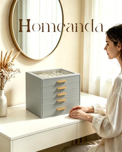 Homeanda Jewelry Boxes Organizer with Glass Lid, 5-Layer PU Leather, Grey - color: Grey, size: 5 Layer