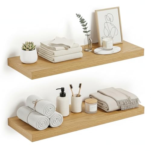 Vivelove Deep Floating Shelves for Wall 24 inches Long Set of 2, Oak - color: Oak, size: 24”wx9.1”dx1.6”h