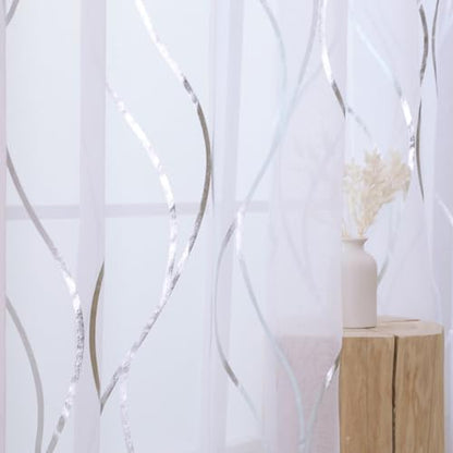 L.Z.E Silver White Curtains 96 Inches Long 2 Panels Set for Living Room Bedroom Dining Room, See Through Window Curtains & Drapes Grommet Top Transparent Sheers with Wave Patterns - color: (Grommet) Silver Waves, size: 54"W x 96"L (Pack of 2)