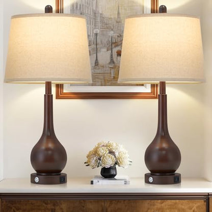 26" Brown Table Lamps Set of 2, Touch Control Bedside Lamps for Bedroom Nightstand, 3-Way Dimmable Farmhouse Lamp for Living Room with Charging Port (2 LED Bulbs Included) - color: Brown - 26"H