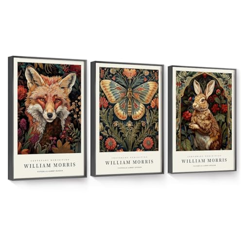 OVVGVV William Morris Wall Art set of 3 large Framed Vintage botanical Colorful Abstract Nature Flowers Canvas Art for Living Room Bedroom Office Decor(Style7, 3pcs 12x16 In Gold Frame) - color: Type7-gold, size: 12x16 in