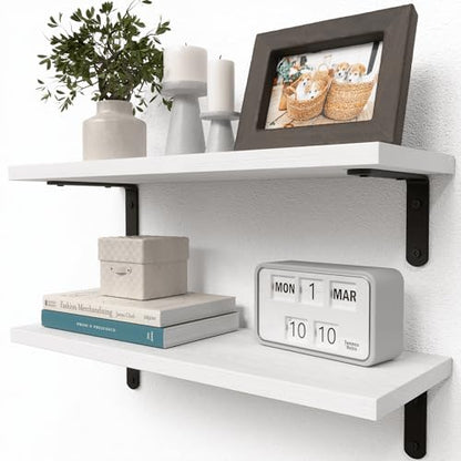RICHER HOUSE Rustic Wood Floating Shelves, 2-Set Wall Mounted Shelves, 16In - color: White