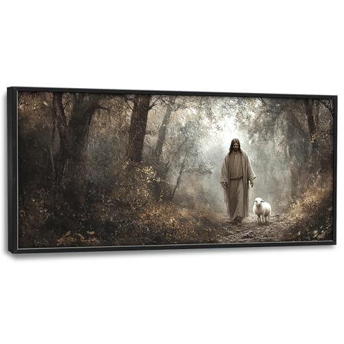 Vintage Christian Large Wall Art Framed Religious Wall Decor for Living Room Jesus Lamb Pictures Oversized Canvas Print Painting Modern Extra Large Artwork for Bedroom Office 60"x30" - color: Christian, size: 60"L x 30"W