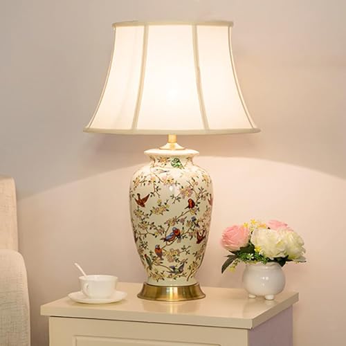 White 27" Flower and Bird Ceramics Table Lamp Chinoiserie Desk Lamp,Fabric Drum Shade,Gold Base, Tall Table Lamp Decor for Living Room Bedroom Bedside Office College Bookcase