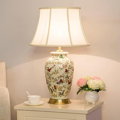 White 27" Flower and Bird Ceramics Table Lamp Chinoiserie Desk Lamp,Fabric Drum Shade,Gold Base, Tall Table Lamp Decor for Living Room Bedroom Bedside Office College Bookcase