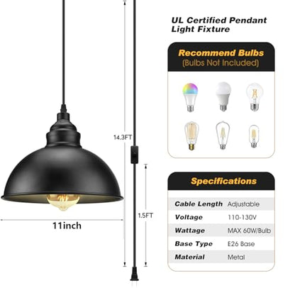 Plug in Pendant Light, 15FT Hanging Lights with Plug in Cord - color: Large black