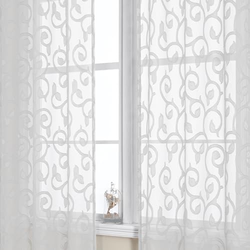 OWENIE Furman Sheer White Curtains 84 inches Long for Bedroom Living Room 2 Panels Set, White Curtains Jacquard Clip Light Filtering Semi Sheer Curtain Rod Pocket Window Drapes, 2 Pcs Each 40 W 84 L - color: White, size: 40"W x 84"L (Pack of 2)