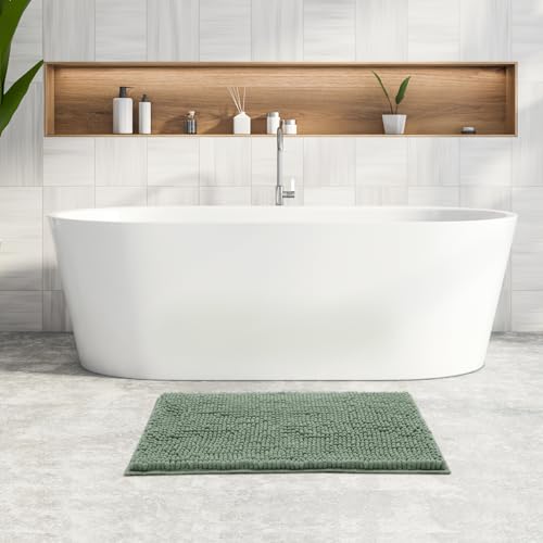FRESHMINT Chenille Bathroom Rugs Mat 32"x20", Non-Slip Bath Mat for Bathroom Floor & Bathtub, Washable Soft Shower Shag Bath Rugs, Fluffy Thick Water Absorbent Microfiber Shower Mat, Sage Green - color: Sage Green, size: 1'8" x 2'8" (Rectangular)
