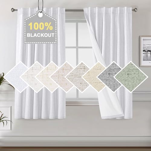 H.VERSAILTEX White 100% Blackout Faux Linen Window Curtain Panels Heat and Full Light Blocking Drapes for Nursery, Back Tab 63 inches Thermal Insulated Draperies 52 inches Wide Each Panel, 2 PCs - color: White, size: 52"W x 63"L (Pack of 2)