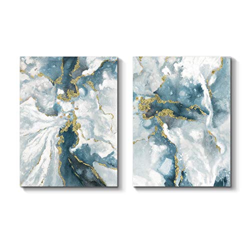 TAR TAR STUDIO Abstract Canvas Wall Art 2 Piece: Marble Style Artwork with Goil Foil and White Teal Heavy Texture Paintings for Living Room Pictures or Office Wall Decor 18"x24" - size: 18"x24" x2 Panels (Unframed)
