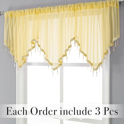 WUBODTI Yellow Sheer Valance Curtains for Living Room Windows, Boho Crystal Beaded Tassel Triangle Kitchen Curtains Lace Swag Curtain Valance for Bedroom Bathroom Door Decor,3PCs, Each W51 x L24 - color: Yellow