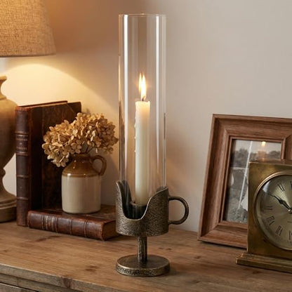 Handcrafted Cast Iron Base Hurricane Candle Holder with Glass Shade