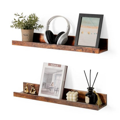 Muzilife 24" Wood Floating Shelves Wall Shelf with Lip, 2Pcs, Brown - color: Walnut Brown, size: 24"