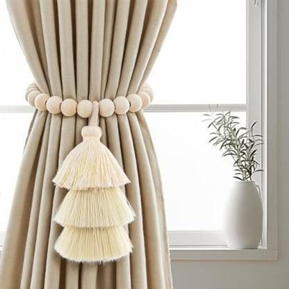 Magnetic Curtain Tiebacks with Wood Beads, Boho Rope Drapery Holdbacks with Triple Tassels, No Drill Curtain Holders for Farmhouse Bedroom, Living Room or Nursery, 2 Pack, Beige - color: Beige