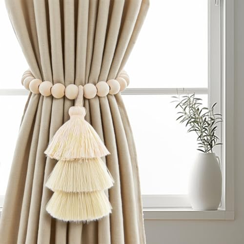Magnetic Curtain Tiebacks with Wood Beads, Boho Rope Drapery Holdbacks with Triple Tassels, No Drill Curtain Holders for Farmhouse Bedroom, Living Room or Nursery, 2 Pack, Beige - color: Beige