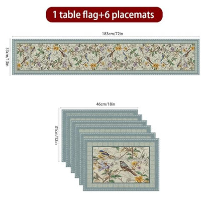 Floral Bird Table Runner and Placemats Set of 6, 13 x 72 Inch - color: Bird