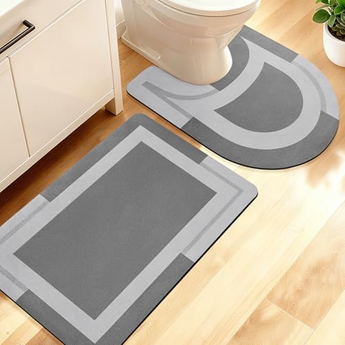 ACCUMTEK Non Slip Bath Mat, Thin Bathroom Rugs Fit Under Door, Quick Dry Bath Mats, Machine Washable Bath Rugs for Bathroom, Bathtub & Kitchen, Grey/Bordered/24 x17+ 24"x20" Contour Rug - color: Grey, size: 24"x17"+ 24"x20" Contour Rug