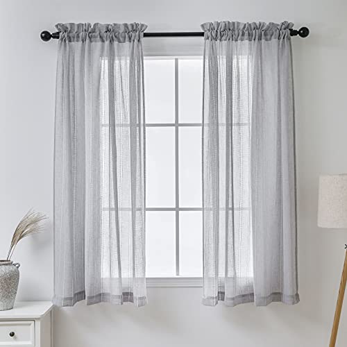 Demetex Lace Sheer Curtains Grey Stripe Small Window Curtain Panels Semi Sheer for Bedroom Curtain, Set of 2, 54 x 45 Inch, Light Gray - color: Striped Grey, size: 54"W x 45"L (Pack of 2)