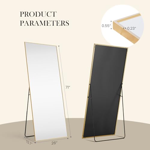 DUMOS 70.4"x25.6" Full Length Mirror with Stand, Full Body Floor Mirror - color: Gold-rect Edge, size: 70.4"L x 25.6"W