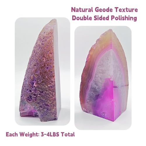 Agate Bookends Pair - Natural Geode Style, Dyed Pink 3-4 lbs Heavy Duty with Rubber Bumpers | Non-Slip Crystal Bookends for Heavy Books | Unique Home Decor - color: Pink, size: 3-4LBS
