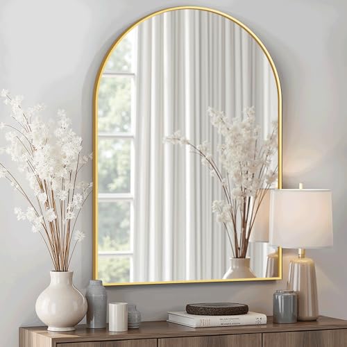 Arched Bathroom Mirror for Wall, 30" x 20" Metal Frame Vanity Mirror, Gold - color: Gold, size: 30"L x 20"W