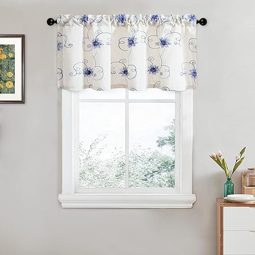 VOGOL Blue Flower Embroidered Kitchen Valance, 42 x 18 Inches - color: Hy-blue, size: 42"W x 18"L (Pack of 1)