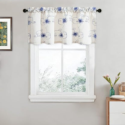 VOGOL Blue Flower Embroidered Kitchen Valance, 42 x 18 Inches - color: Hy-blue, size: 42"W x 18"L (Pack of 1)