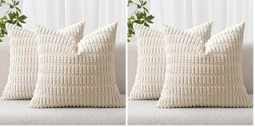 MIULEE Pack of 4 Corduroy Decorative Throw Pillow Covers 18x18 Inch Soft Boho Striped Pillow Covers Modern Farmhouse Home Decor for Sofa Living Room Couch Bed Cream White - color: Cream White, size: 18" x 18" (Pack of 4)