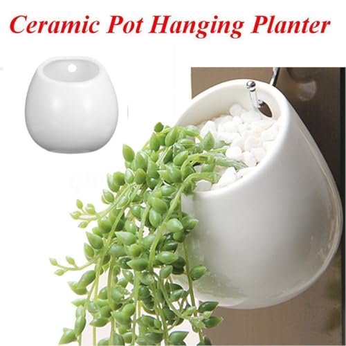 HOMSFOU 2-Pack Hanging Ceramic Planters Whiteware Pots for Indoor Succulent Plants Wall Mounted Flower Pot Containers Small Round Hanging Planter