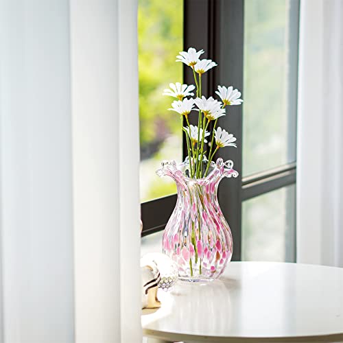 QFkris Hand Blown Glass Vase, Modern Art Flower Vase with Pink Petal Decor - color: Pink Bubble