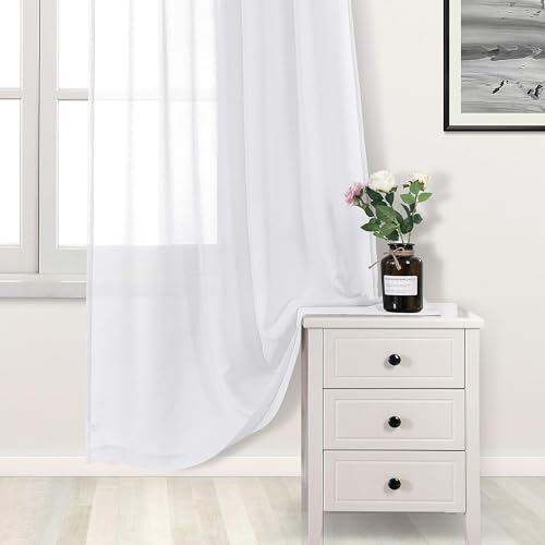 DWCN White Sheer Curtains, Linen Look Semi Transparent Voile Grommet Top Solid Lightweight & Airy Gauzy Curtains & Drapes for Living Dining Room Drapes W60 x L102 Inch Long, Set of 2 Panels - color: White, size: 60"W x 102"L (Pack of 2)