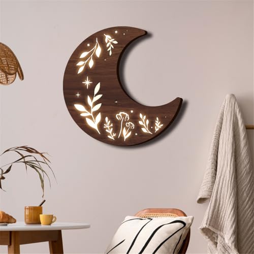 Wooden Moon Phase Wall Art Decor, LED Wood Night Light Wall Sculptures (B) - color: B