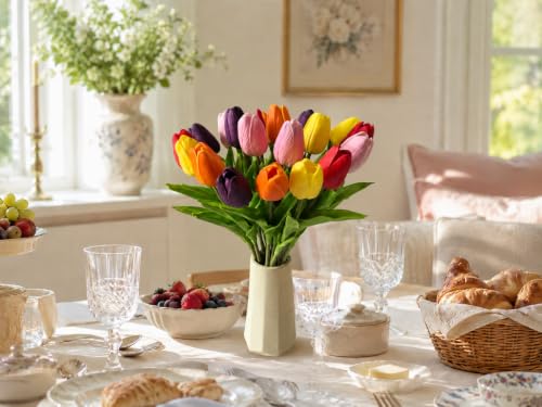 Mandy's 20 Stems Multicolor Artificial Tulip Flowers for Home Centerpieces - color: Multicolor 20pcs