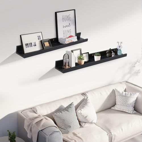 Muzilife 35.4" Large Floating Shelves Wood Wall Shelf with Lip, 2Pcs, Black - color: Black, size: 35.4"