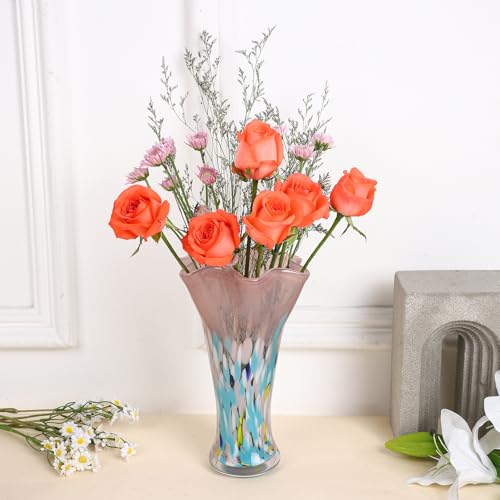 9.0" H Blush Glass Vases for Flower, Unique Hand Blown Glass Vase - color: Blush