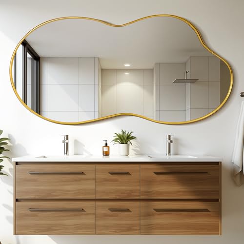 Suidia Irregular Wall Mirror, 55"x28" Bathroom Mirror Asymmetrical Mirrors Artistic Mirrors Decorative for Living Room Bedroom Bathroom Hallway Entryway, Gold, Cloud Style - color: Gold, size: 55"L x 28"W