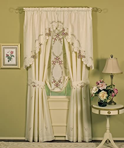 Today's Curtain Verona Reverse Embroidery Panel Pair and Tiebacks, 72", Ecru/Rose, 80" W X 72" L - color: Ecru/Rose, size: 80"W x 72"L (Pack of 1)