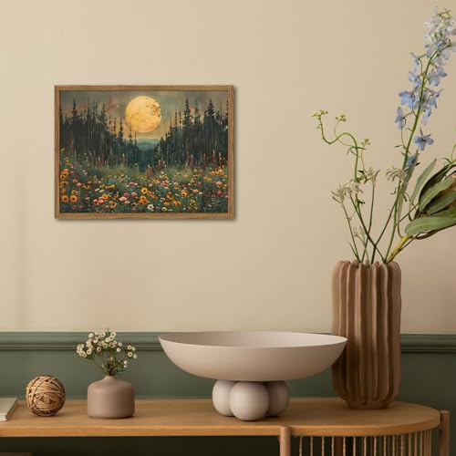 Vintage Forest Moon Wall Art, Nature Pine Tree Woodland Wall Decor Paintings, Dark Cottagecore Landscape 3D Textured Hand Drawn Sandstone Artwork for Bedroom Living Room 12x16 inch Wood Framed - color: Moon Forest, size: 16"L x 12"W