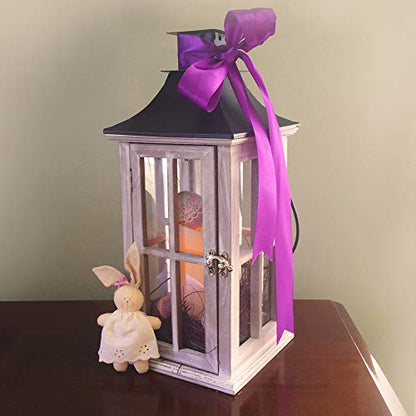 LumaBase Wooden Lantern with Battery Operated Candle - White Washed with Black Roof