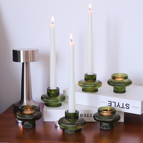 VOHO Green Taper Candle Holders Set of 6, Ribbed Glass Candlestick Holders - color: Green