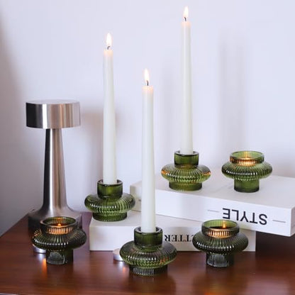 VOHO Green Taper Candle Holders Set of 6, Ribbed Glass Candlestick Holders - color: Green