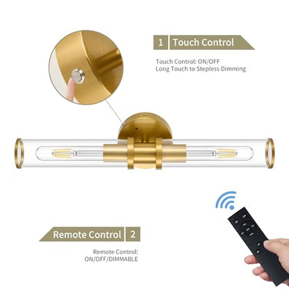 Battery Operated Wall Sconces Set of 2 with Remote Control, Gold, 8000mAh - color: Gold(Clear Tubular Lampshade)